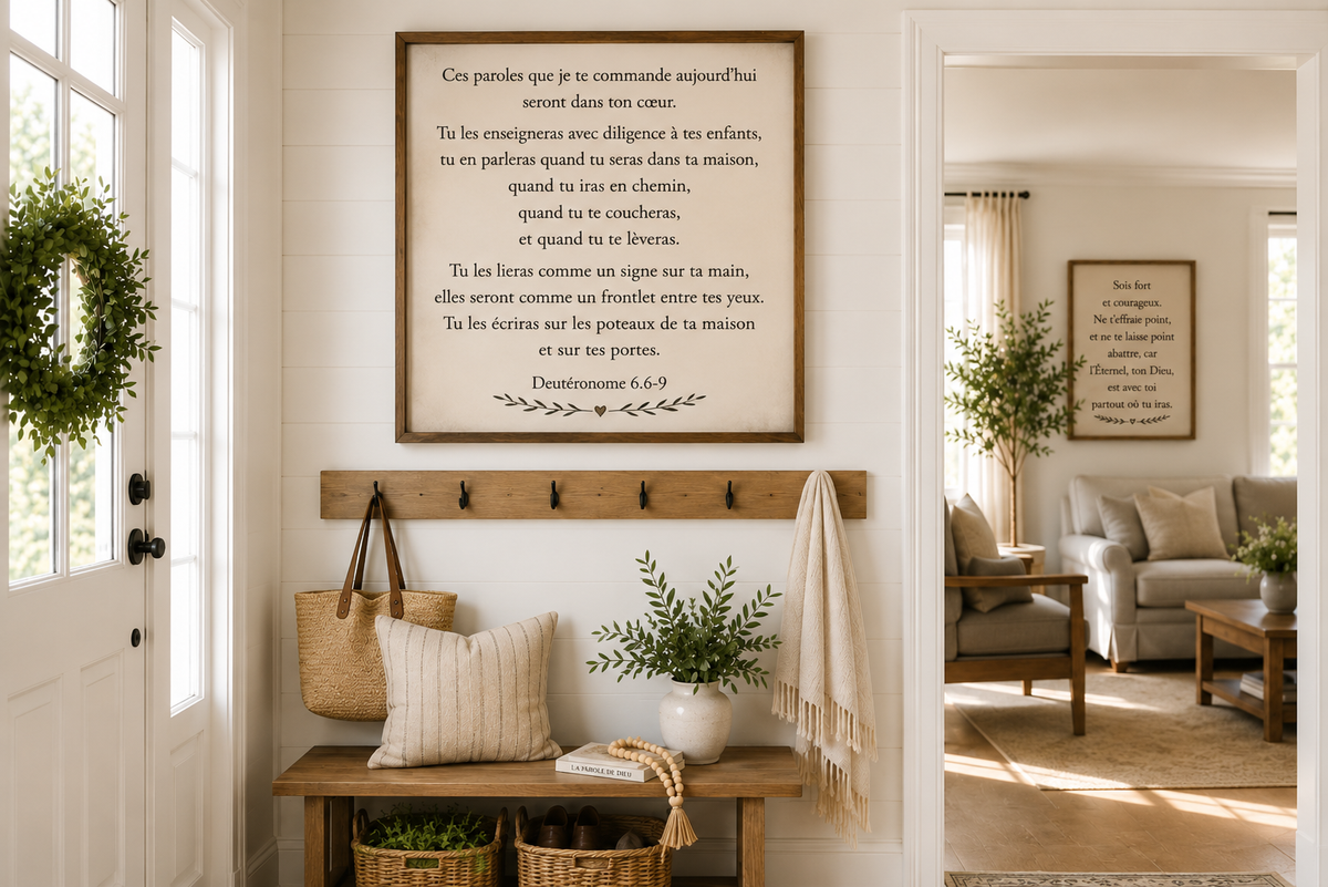Verset biblique encadré au-dessus d’un banc en bois dans une entrée lumineuse.